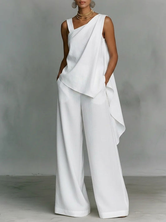 Women's Minimalist High-end Style White Asymmetrical Cotton-linen Suit