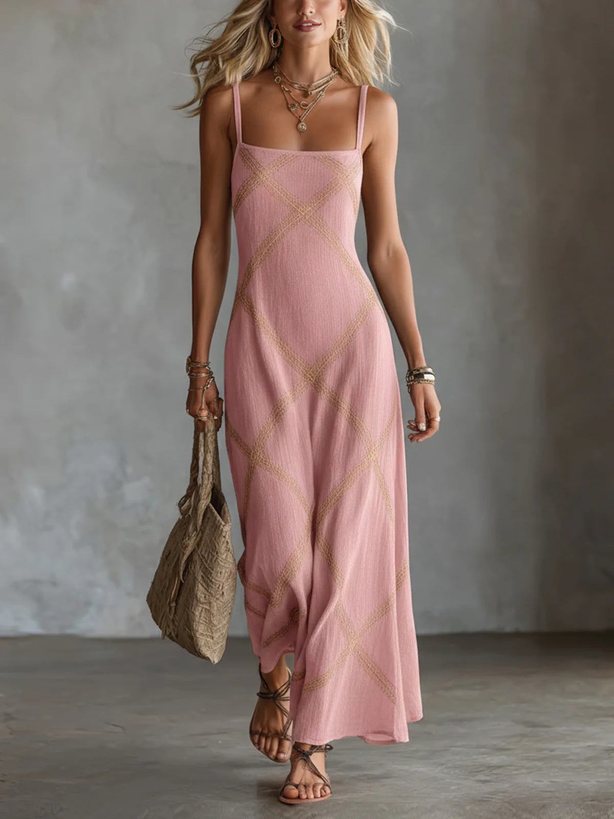 Diamond Lattice Textured Square Neck Slip Maxi Dress – Boho Summer Long Cami Dress