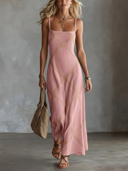 Diamond Lattice Textured Square Neck Slip Maxi Dress – Boho Summer Long Cami Dress