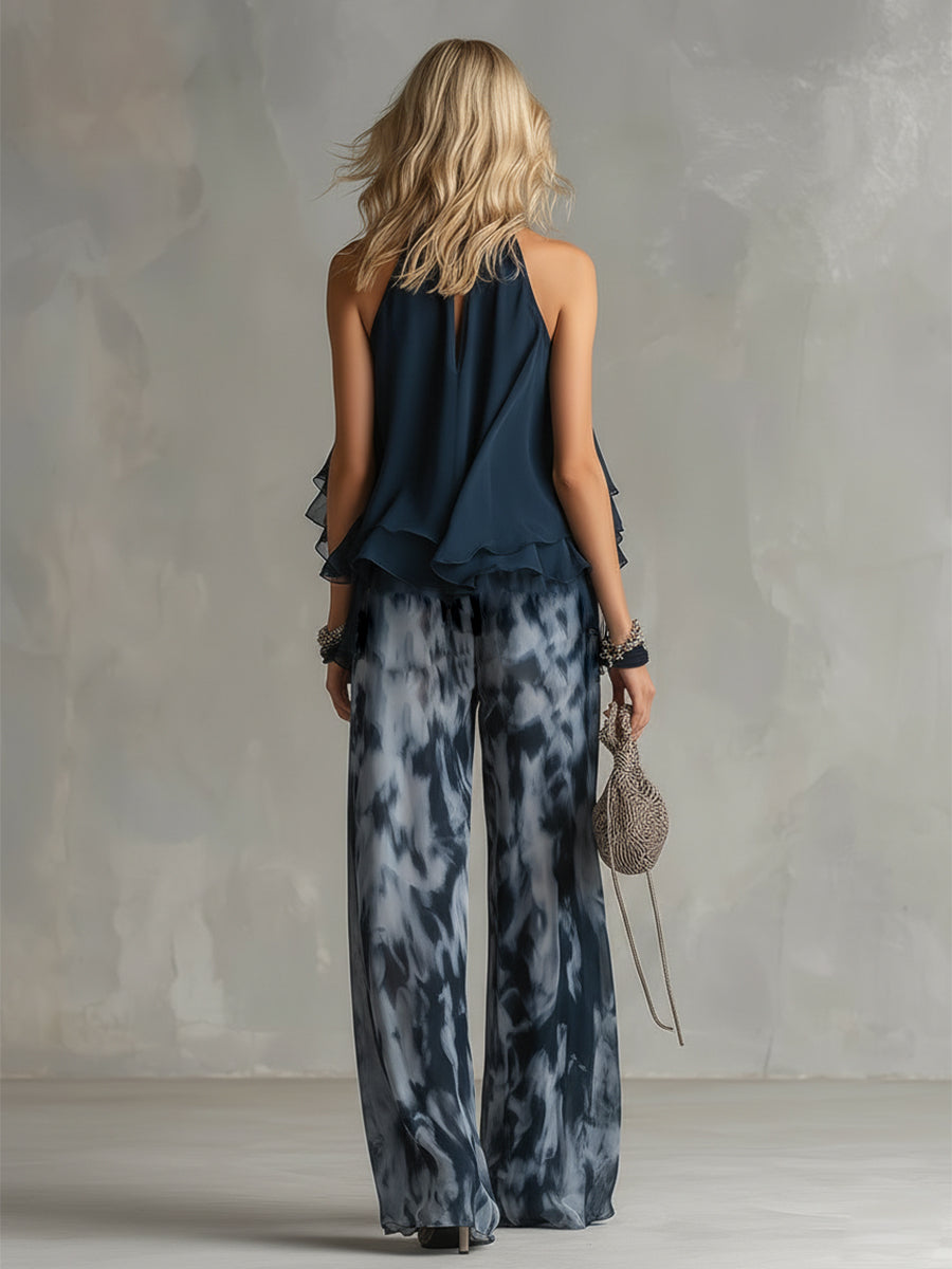 Ensemble en mousseline : haut élégant bleu marine urbain à col licou et pantalon large à imprimés