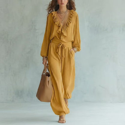 Ruffle V-Neck Long Sleeve Top & Tie Waist Wide Leg Pants Two Piece Set