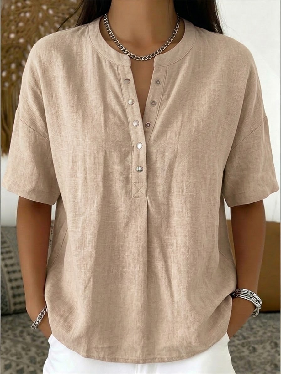 Nouveautés🔥 Chemise décontractée femme à col Henley, manches courtes en lin et coton