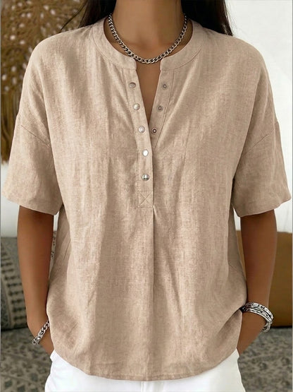 Nouveautés🔥 Chemise décontractée femme à col Henley, manches courtes en lin et coton