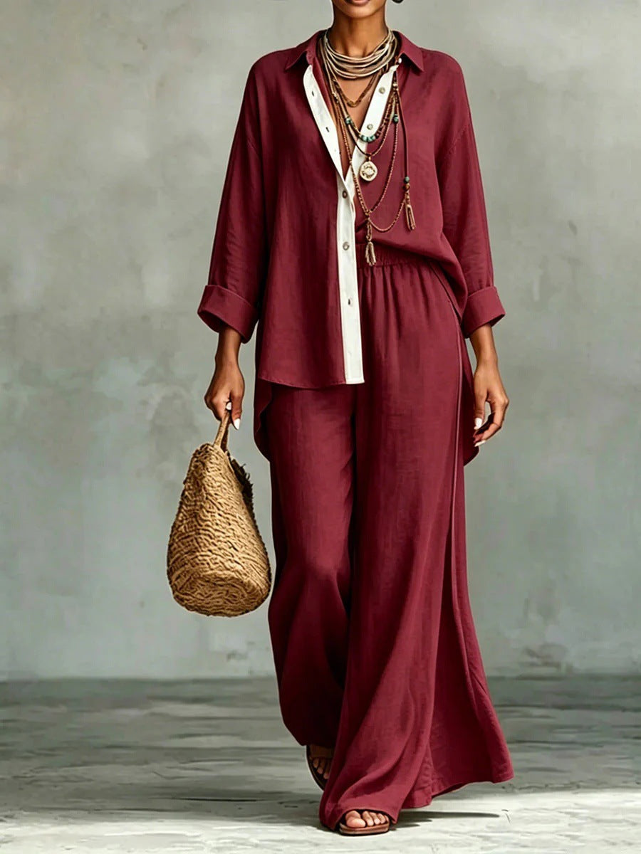 Contrast Trim Linen Shirt Wide Leg Pants 2 Piece Set