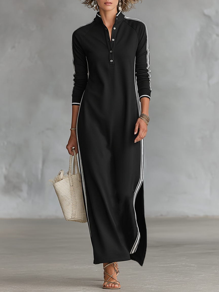 Robe sweat maxi minimaliste à col boutonné avec finitions blanches