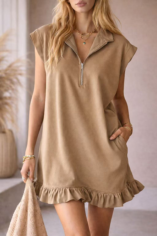 Robe mini décontractée à volants, sans manches, ample, unie, avec poche