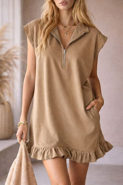 Robe mini décontractée à volants, sans manches, ample, unie, avec poche