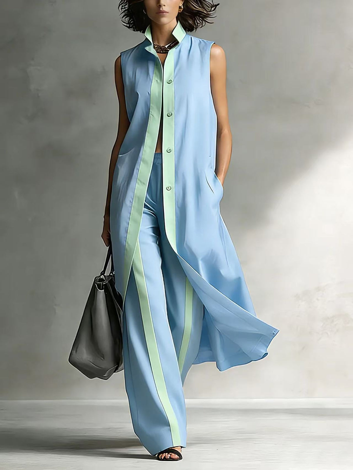 Contrast Sleeveless Tunic & Wide-Leg Pants Set Modern Sophistication, Effortless Tailored Style