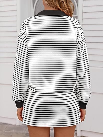 Women's Striped Two-Piece Casual Sweatshirt and Skirt Set