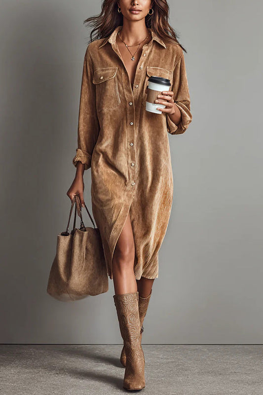 Robe midi chemise décontractée uni, boutonnage simple, avec poches