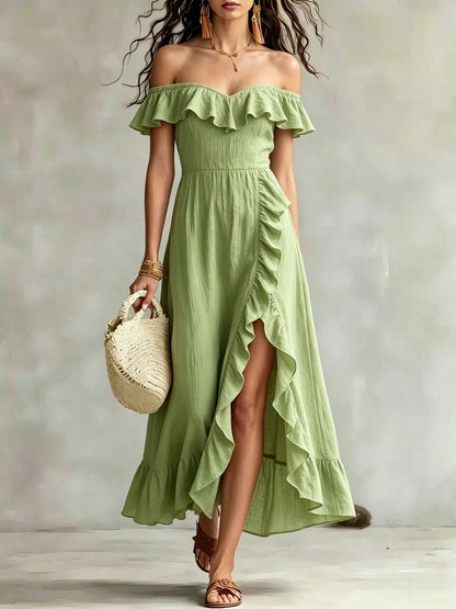 Women's Summer Cotton Off Shoulder Ruffled Ruched Flowy Maxi Dress