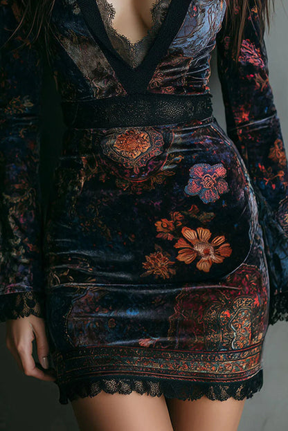 Robe mini élégante en velours imprimé floral, col en V, manches longues, coupe ajustée