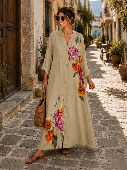 Floral Print Linen Button Down Maxi Dress