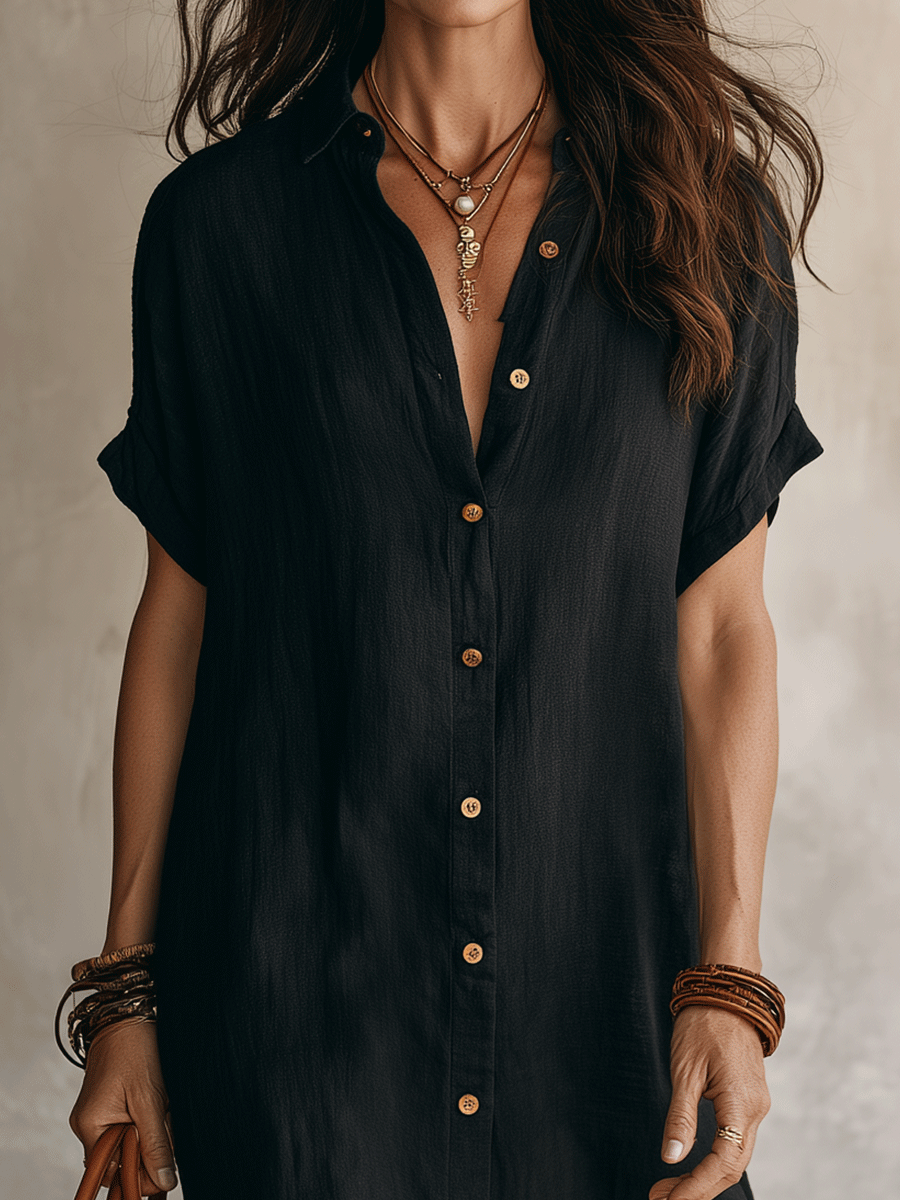 Robe midi décontractée en lin noir style bohème moderne sans effort
