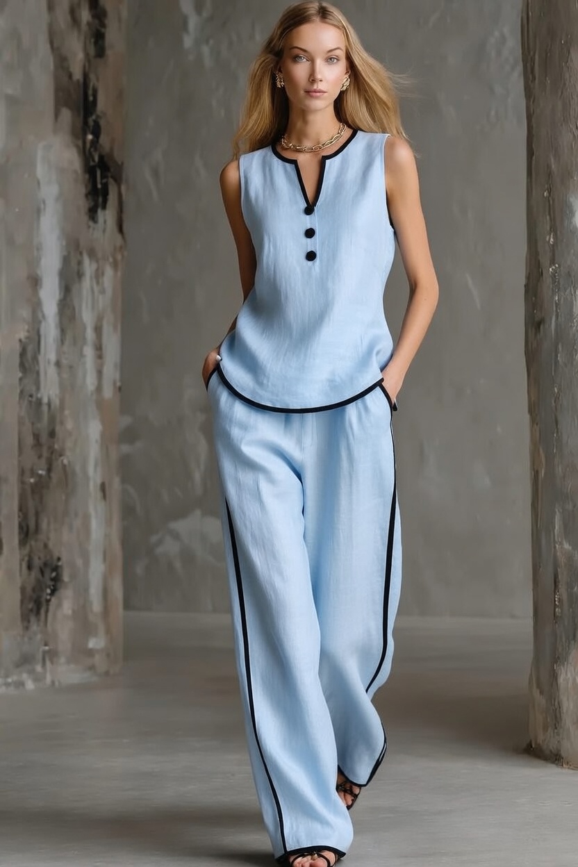 Ensemble haut sans manches et pantalon ample en coton‑lin à blocs de couleur