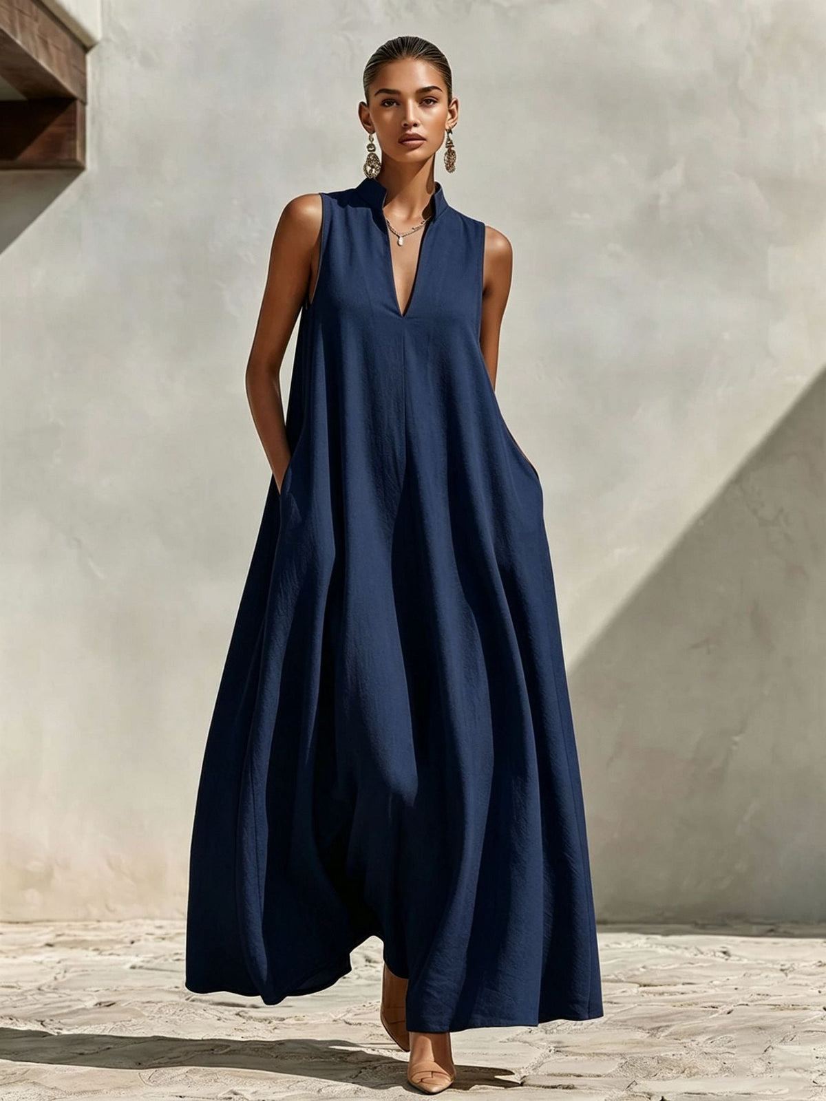 Stand Collar Sleeveless Linen Blend Pocketed Oversized Maxi Dress