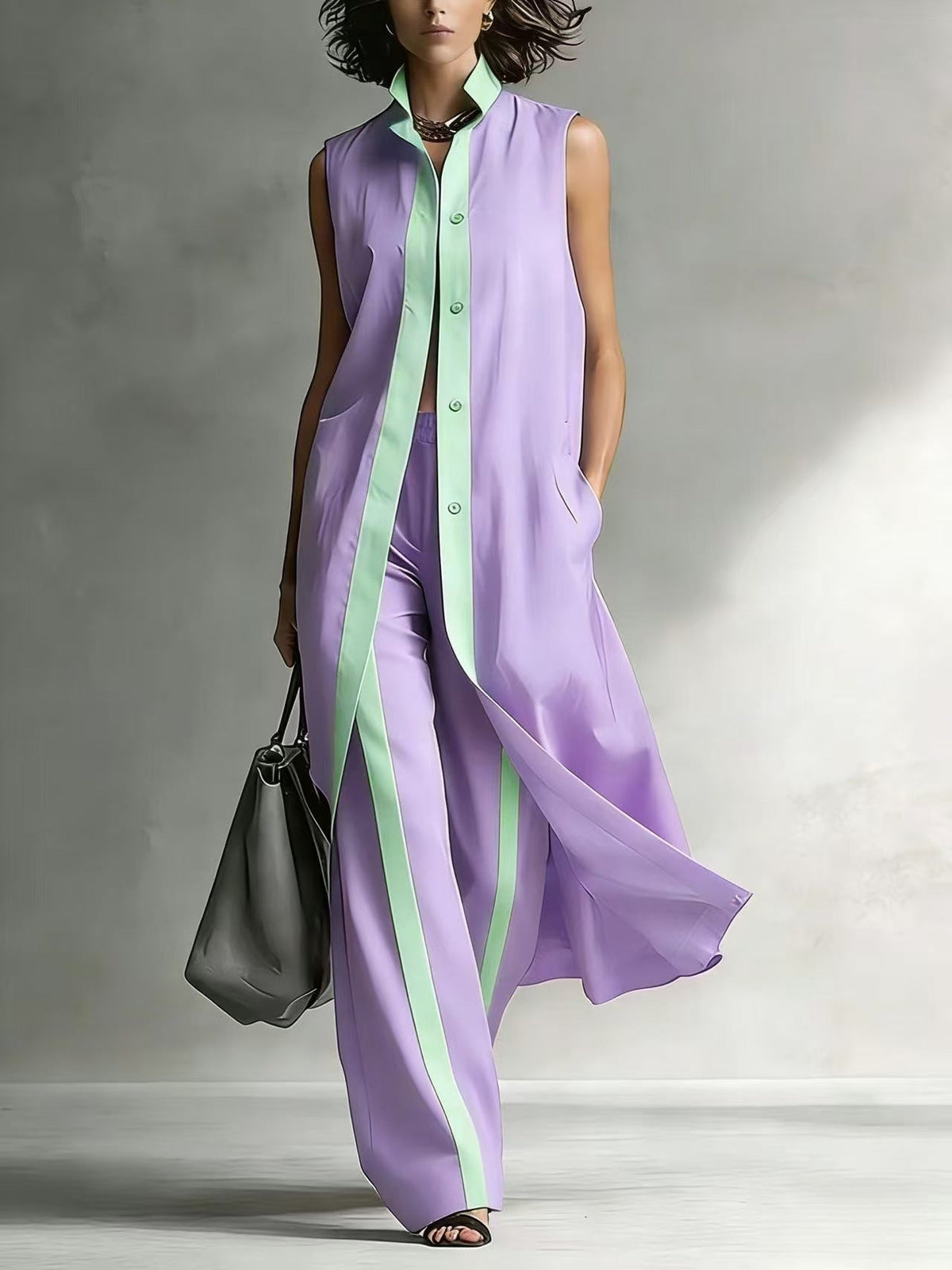Contrast Sleeveless Tunic & Wide-Leg Pants Set Modern Sophistication, Effortless Tailored Style