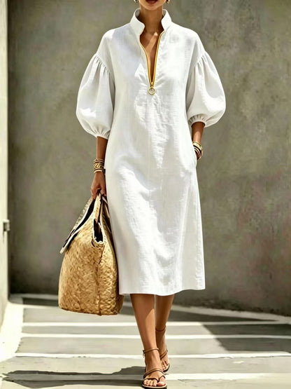 Stand Collar Half Zip Puff Sleeve Linen Blend Midi Dress, Loose Pocket Casual Vacation Long Dress
