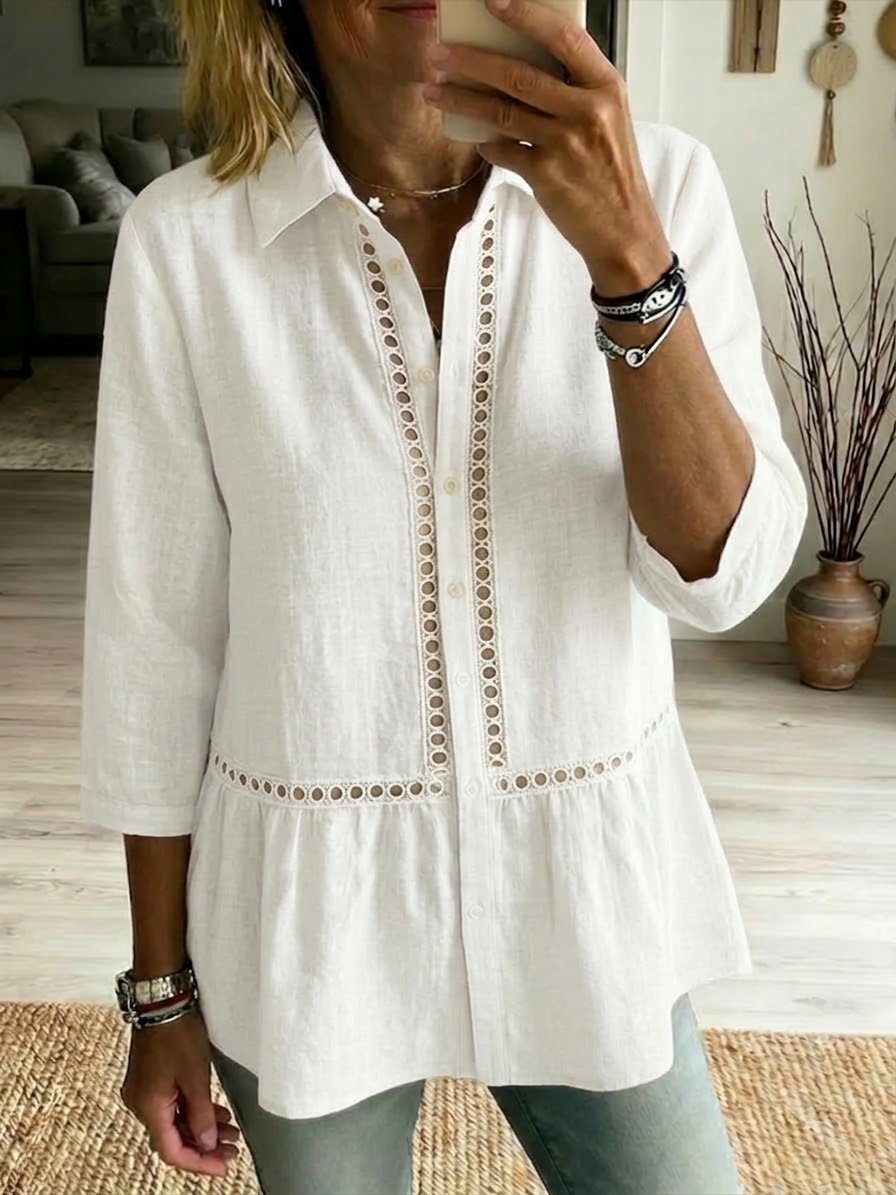 Chemise décontractée en lin et coton à patchwork, ajourée et à bande tissée
