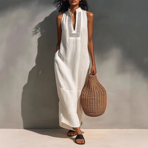 Robe maxi minimaliste en lin à col licou | Sans manches, adaptée du bureau aux vacances