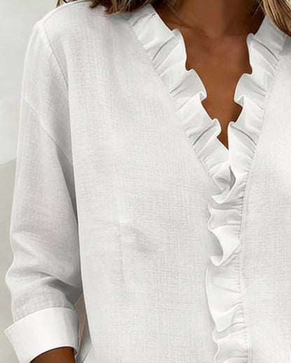 Blouse à manches longues à col V à volants