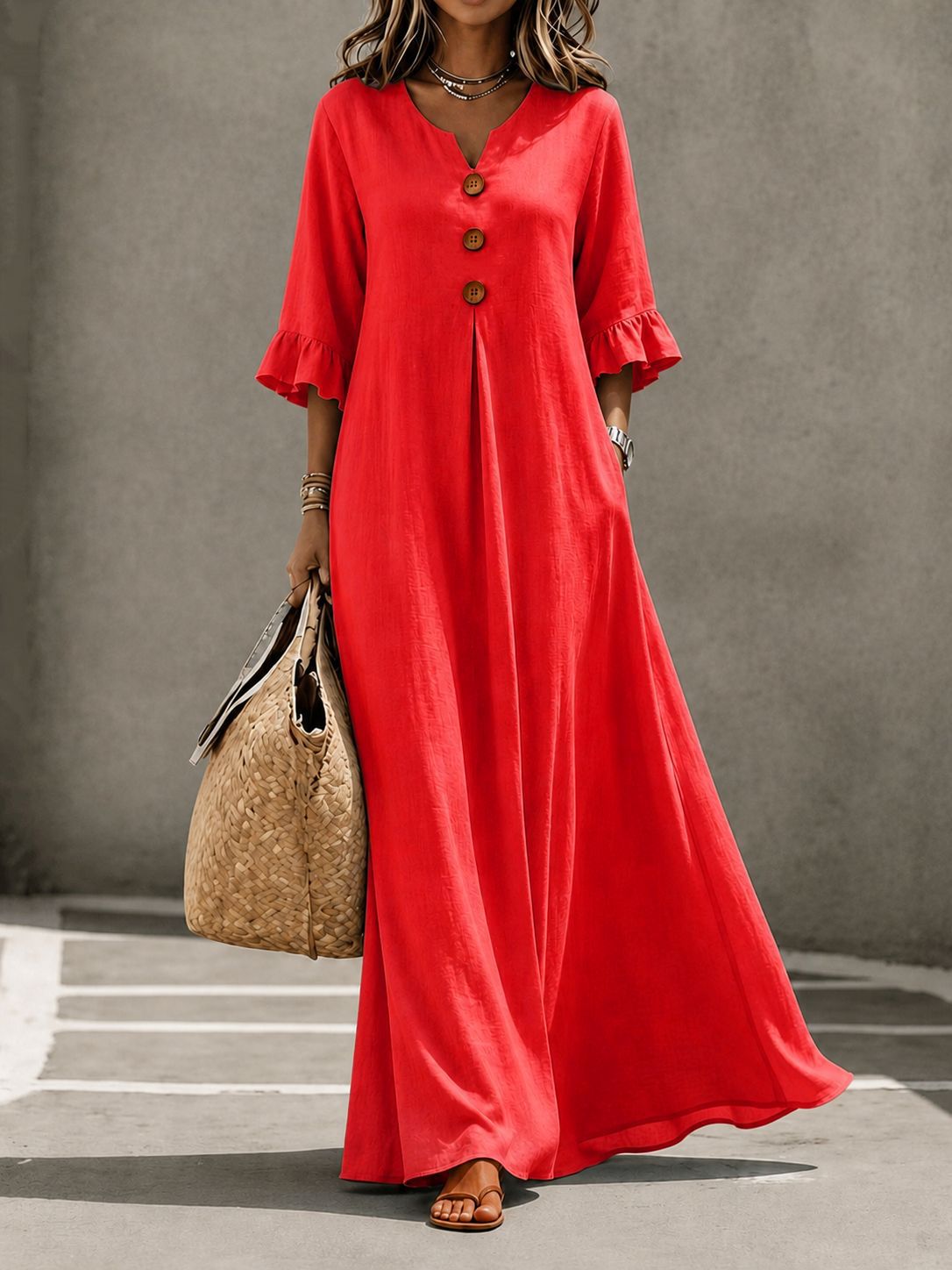 V-Neck Ruffle Sleeve Linen Maxi Dress