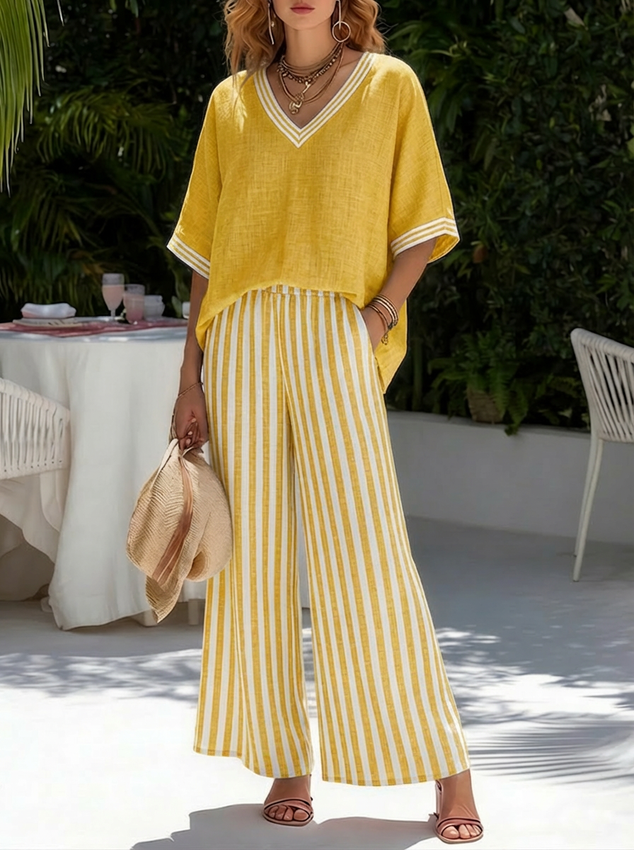 Ensemble décontracté deux‑pièces : haut rayé en patchwork lin et coton et pantalon rayé