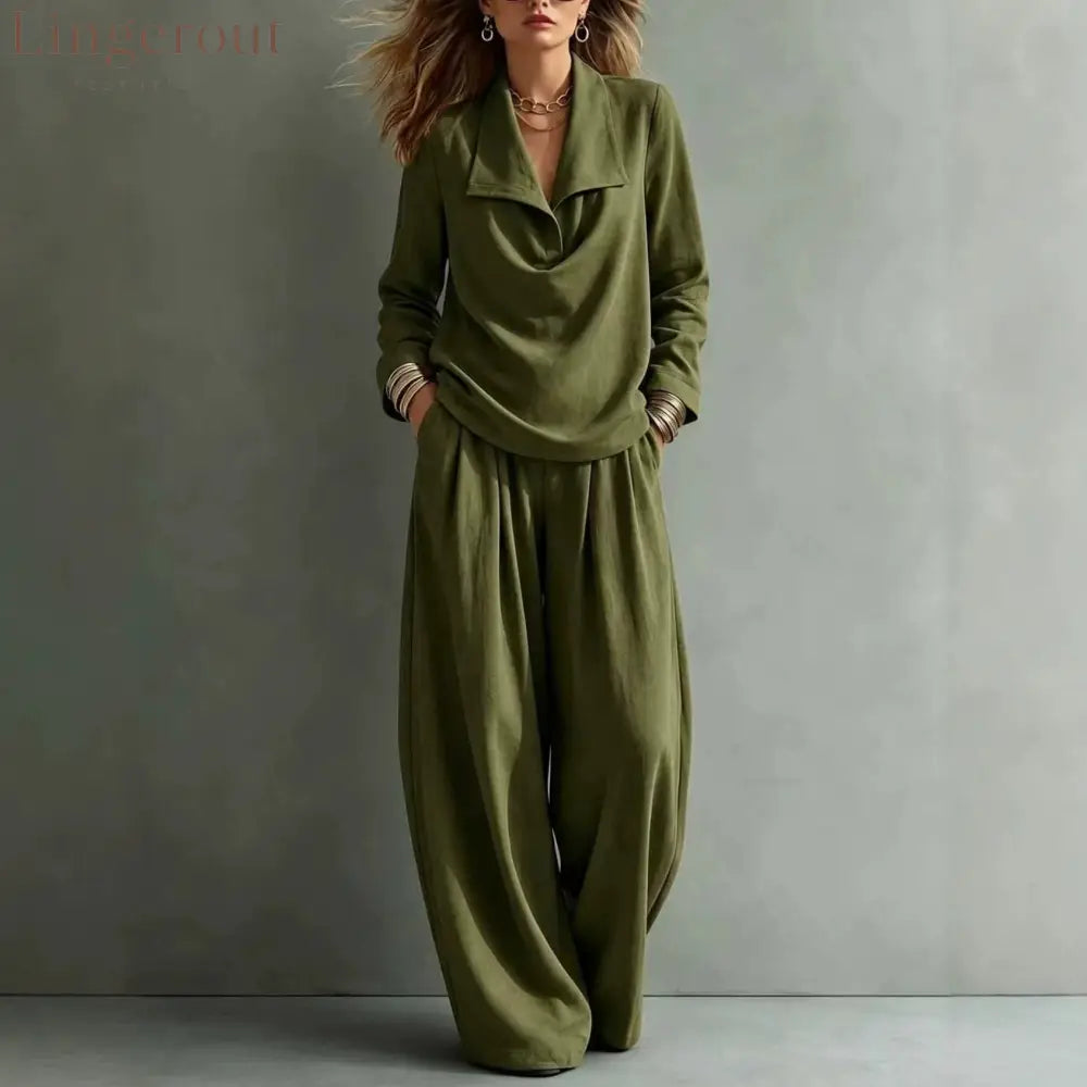 Draped Lapel Casual Matching Two Piece Set