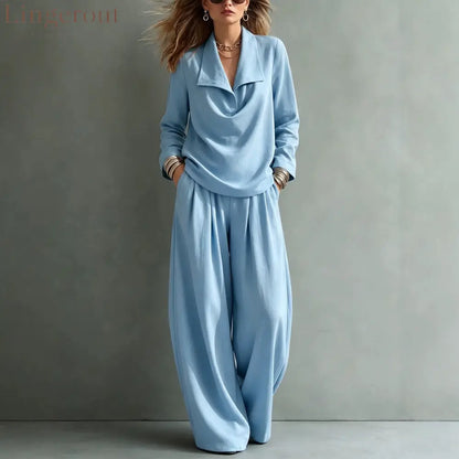 Draped Lapel Casual Matching Two Piece Set