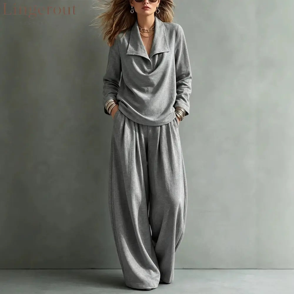 Draped Lapel Casual Matching Two Piece Set