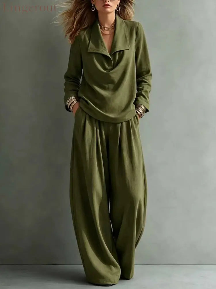 Draped Lapel Casual Matching Two Piece Set - Army green / S
