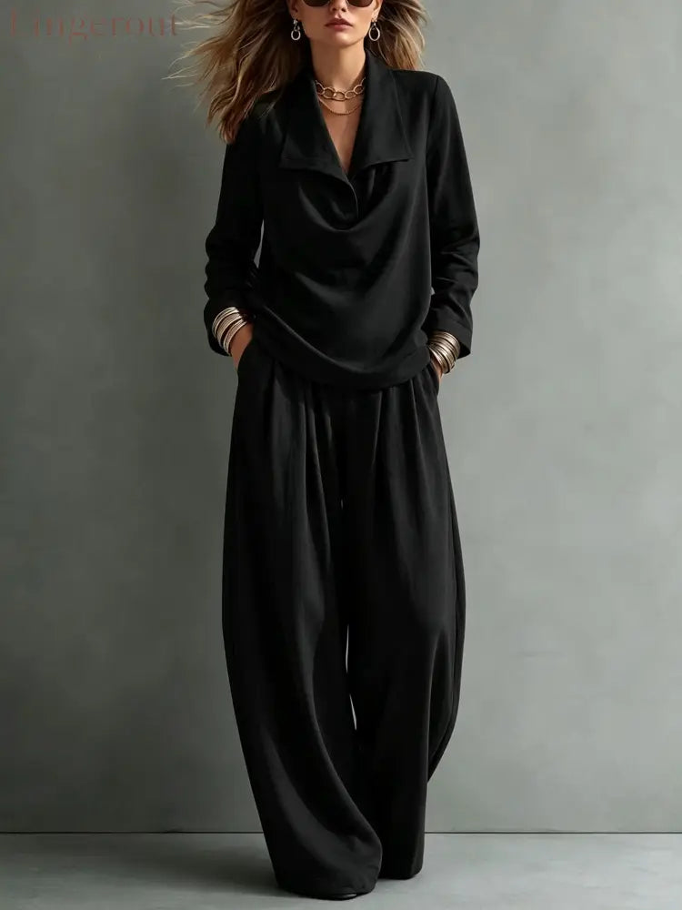 Draped Lapel Casual Matching Two Piece Set - Black / S