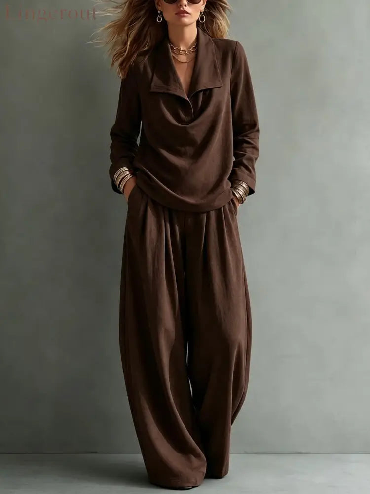 Draped Lapel Casual Matching Two Piece Set - Dark brown / S