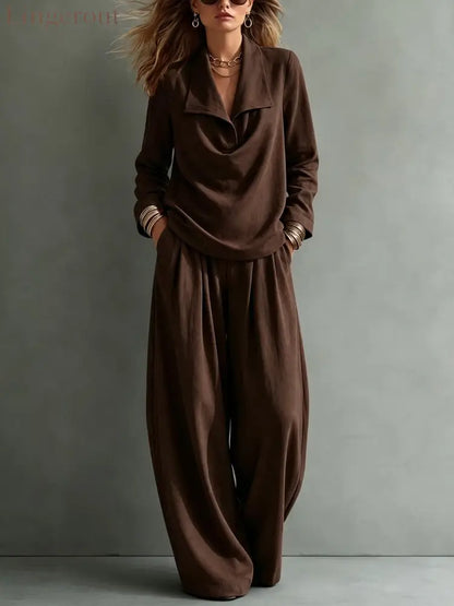 Draped Lapel Casual Matching Two Piece Set - Dark brown / S