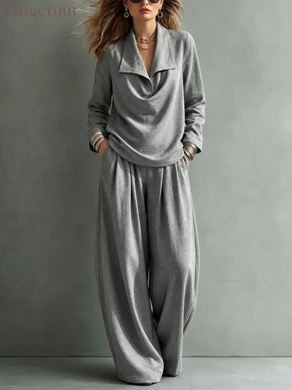 Draped Lapel Casual Matching Two Piece Set - Grey / S