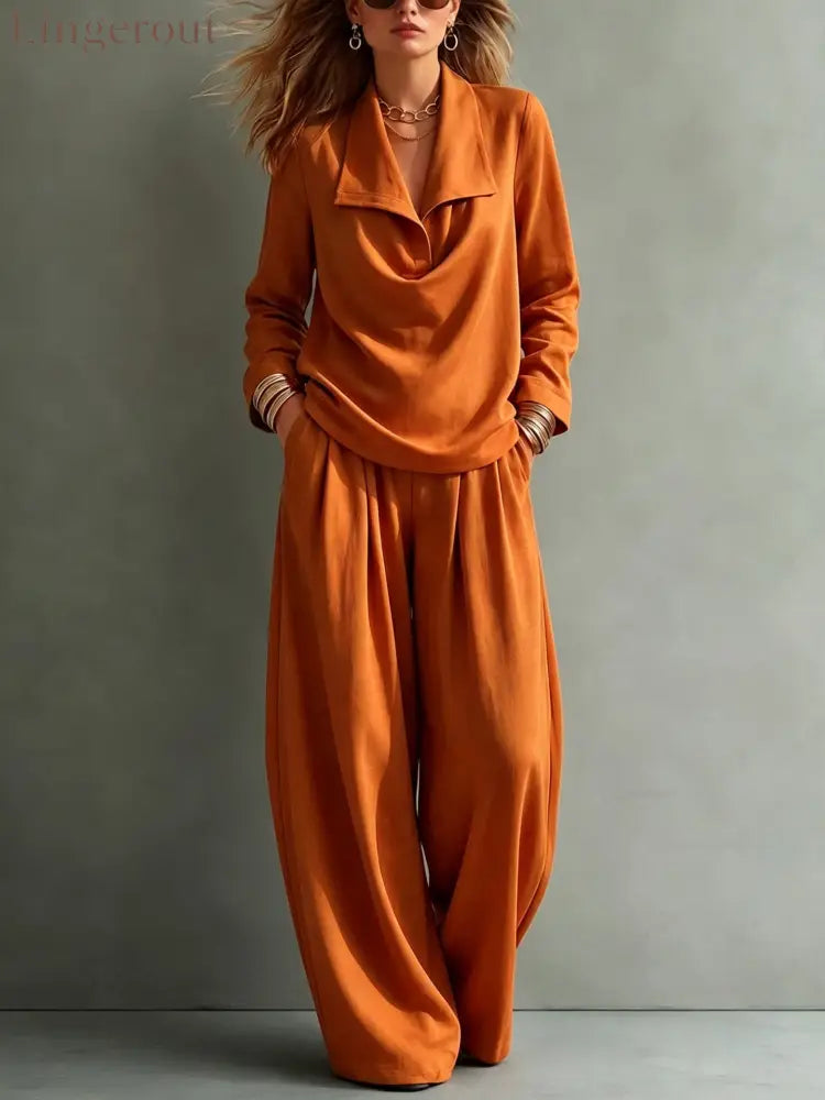 Draped Lapel Casual Matching Two Piece Set - Orange red / S