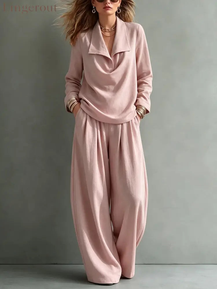 Draped Lapel Casual Matching Two Piece Set - Pink / S