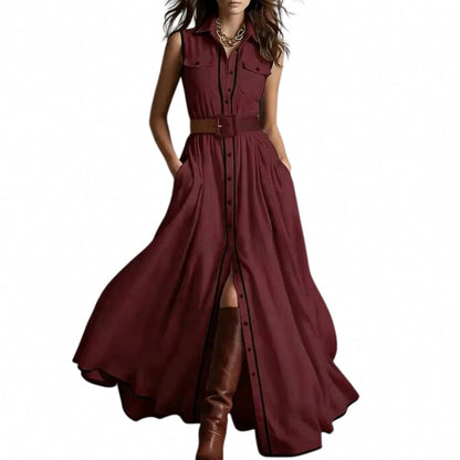 Robe‑chemise longue ceinturée avec passepoils contrastés