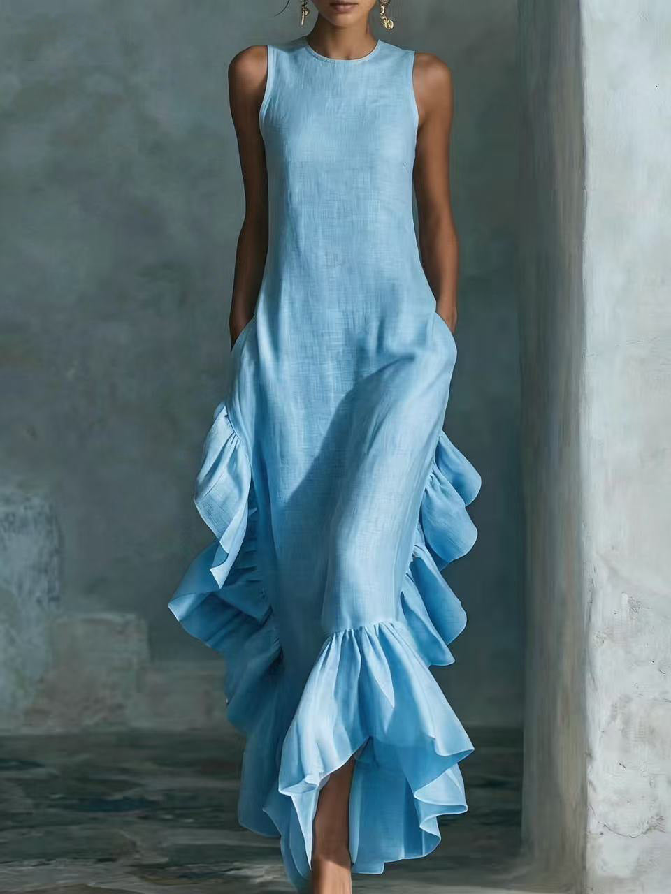 Robe longue maxi en lin sans manches à volants