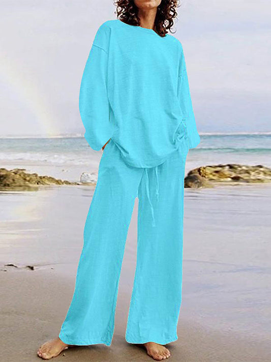 Ensemble deux pièces : haut chemise à manches longues ample col rond couleur unie + pantalon à cordon taille