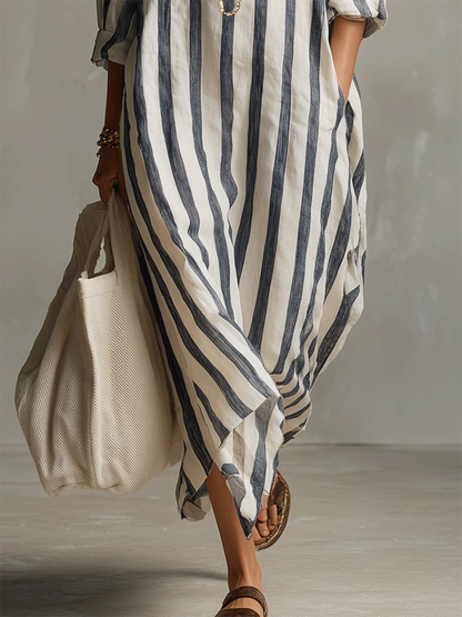 Robe rayée en lin‑coton décontractée et confortable