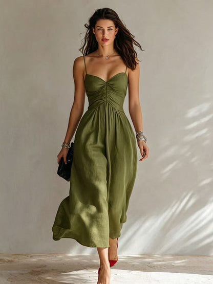 Linen Spaghetti Strap Sweetheart Ruched Bust Flowy Midi Dress