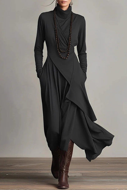 Robe maxi décontractée unie à col montant et manches longues, coupe asymétrique