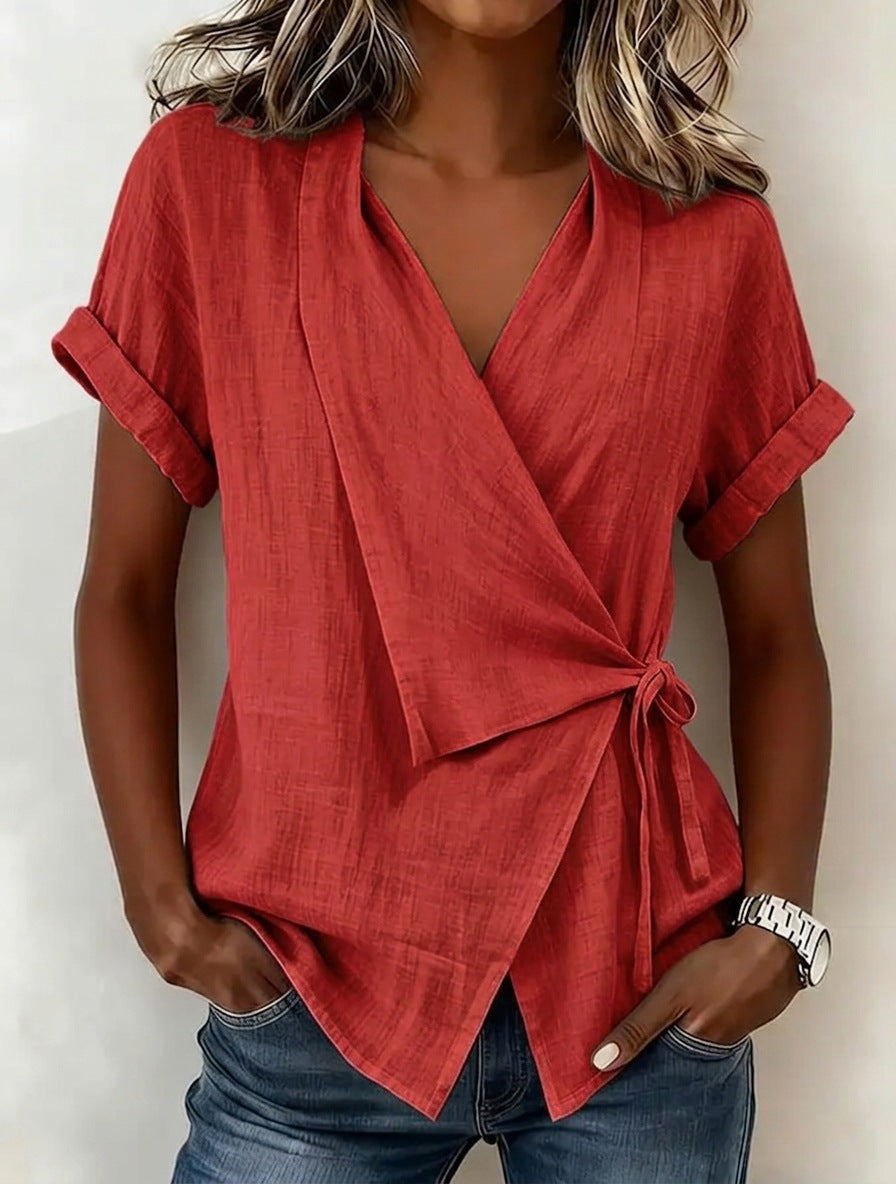 Wrap Tie Waist Linen Blend Short Sleeve V-Neck Blouse