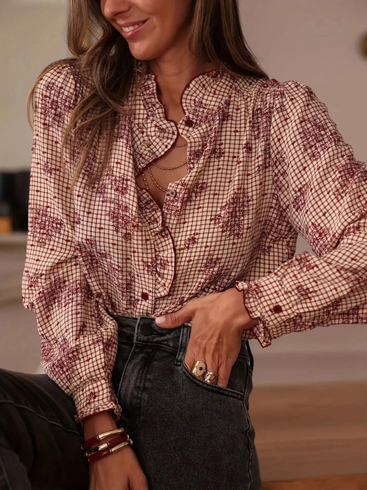 Chemise à boutons à carreaux avec volants