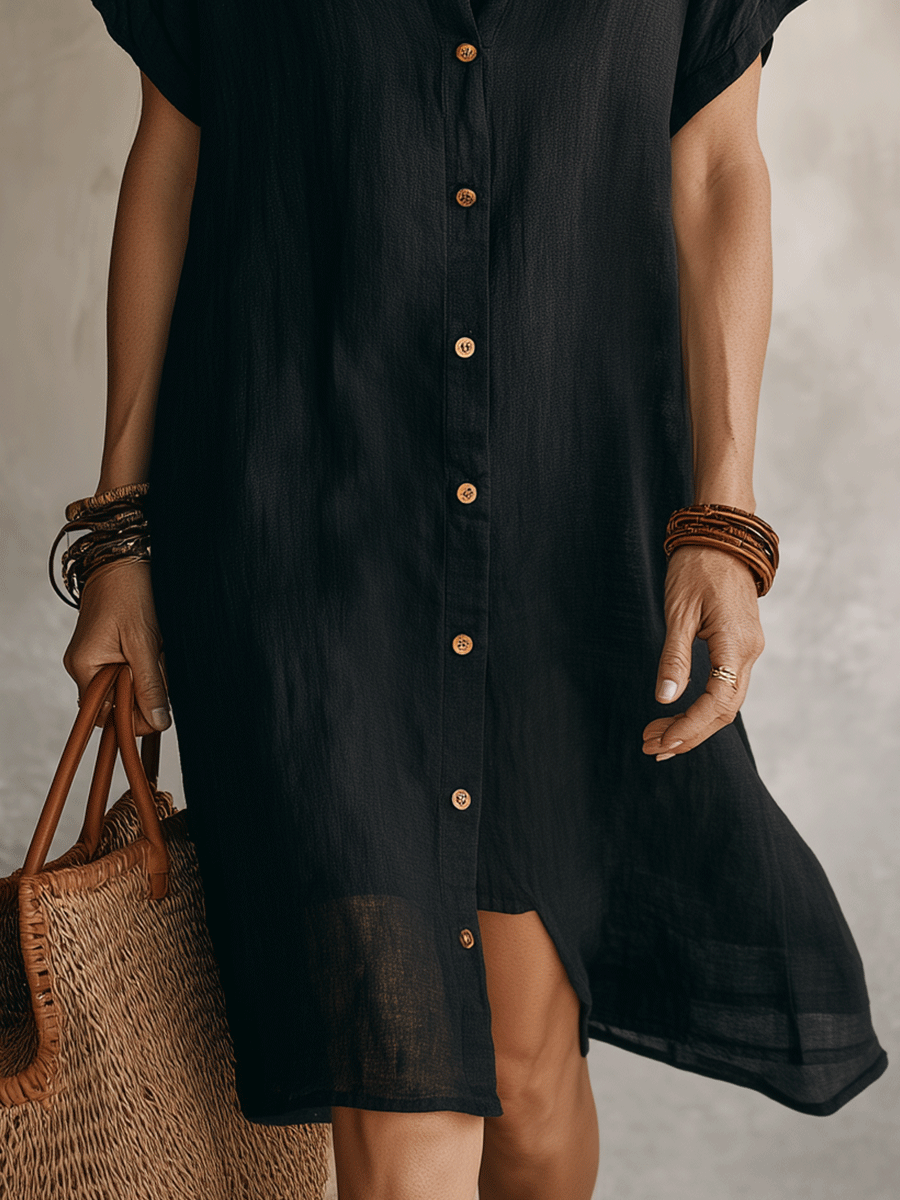 Robe midi décontractée en lin noir style bohème moderne sans effort