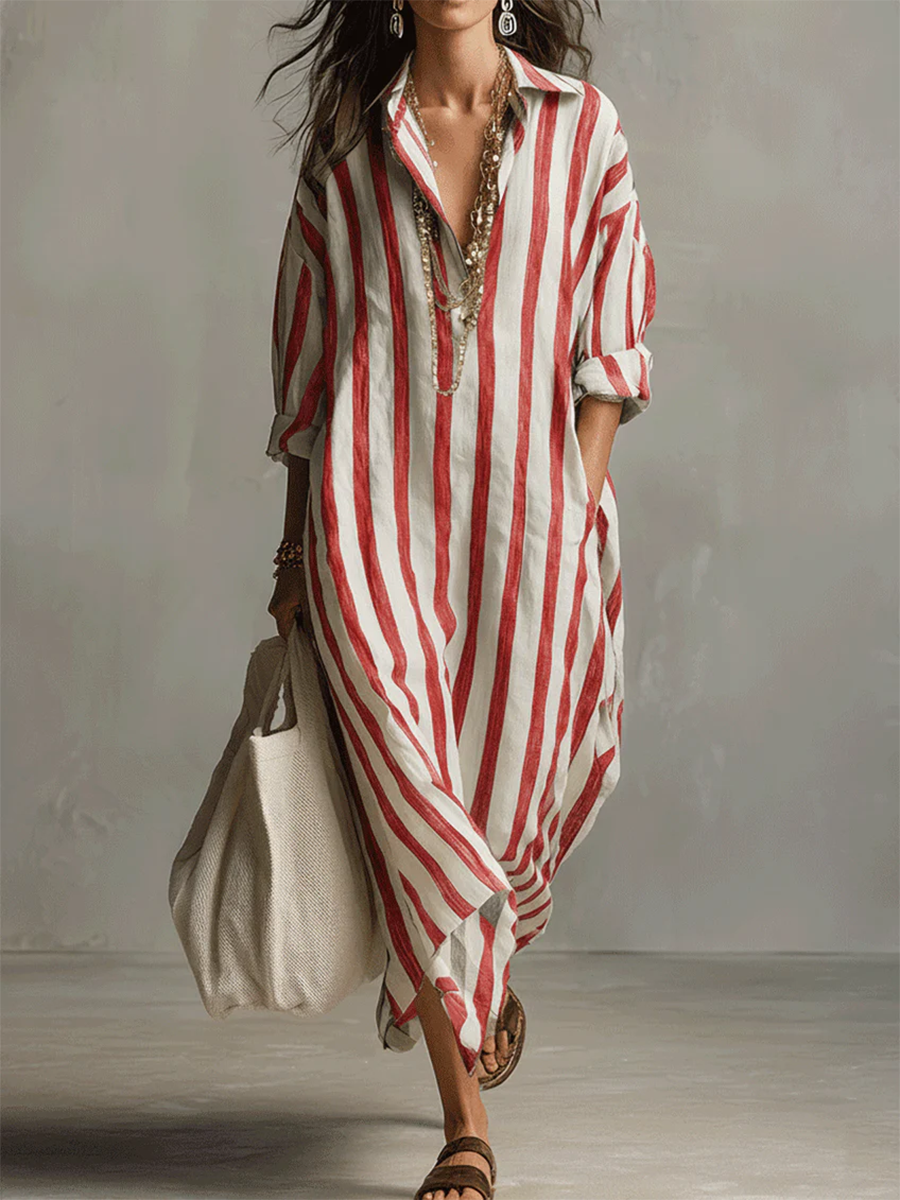 Robe rayée en lin‑coton décontractée et confortable