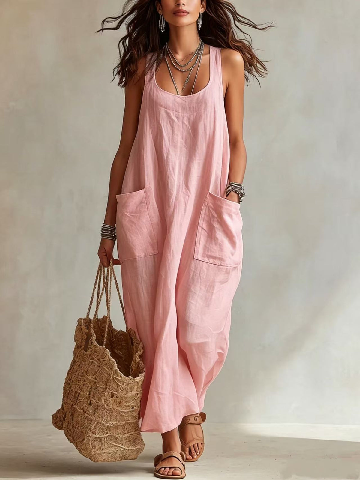 U-Neck Sleeveless Loose Pocket Maxi Dress, Casual Flowy Long Dress