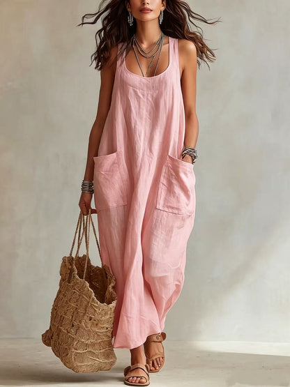 U-Neck Sleeveless Loose Pocket Maxi Dress, Casual Flowy Long Dress