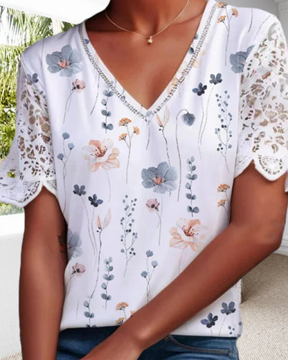 Blouse à patches de dentelle et imprimée